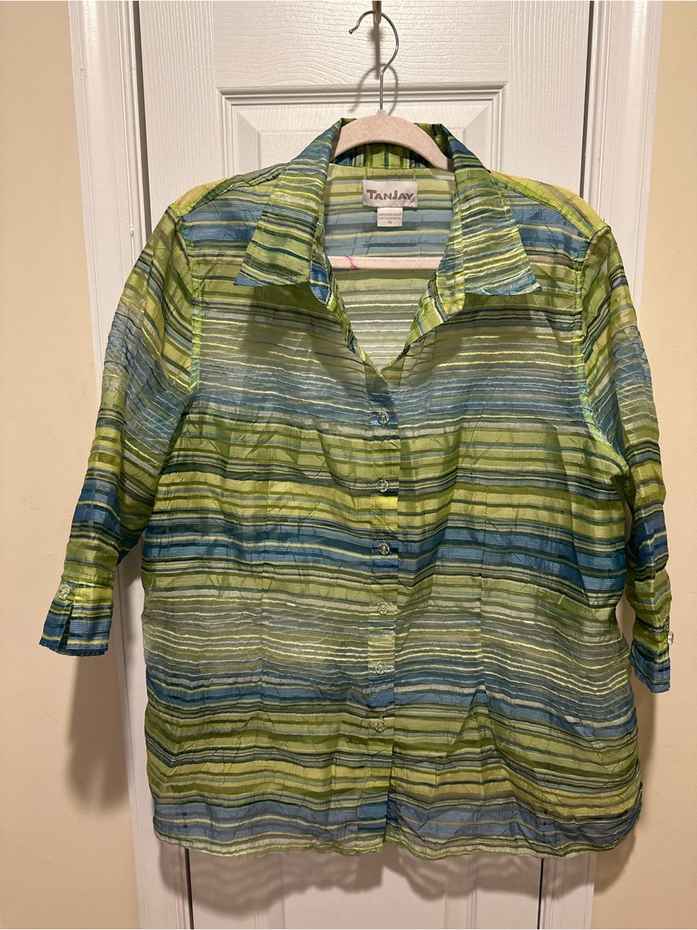 TanJay Sheer Stripe Blouse in Lime Green & Sky Blue